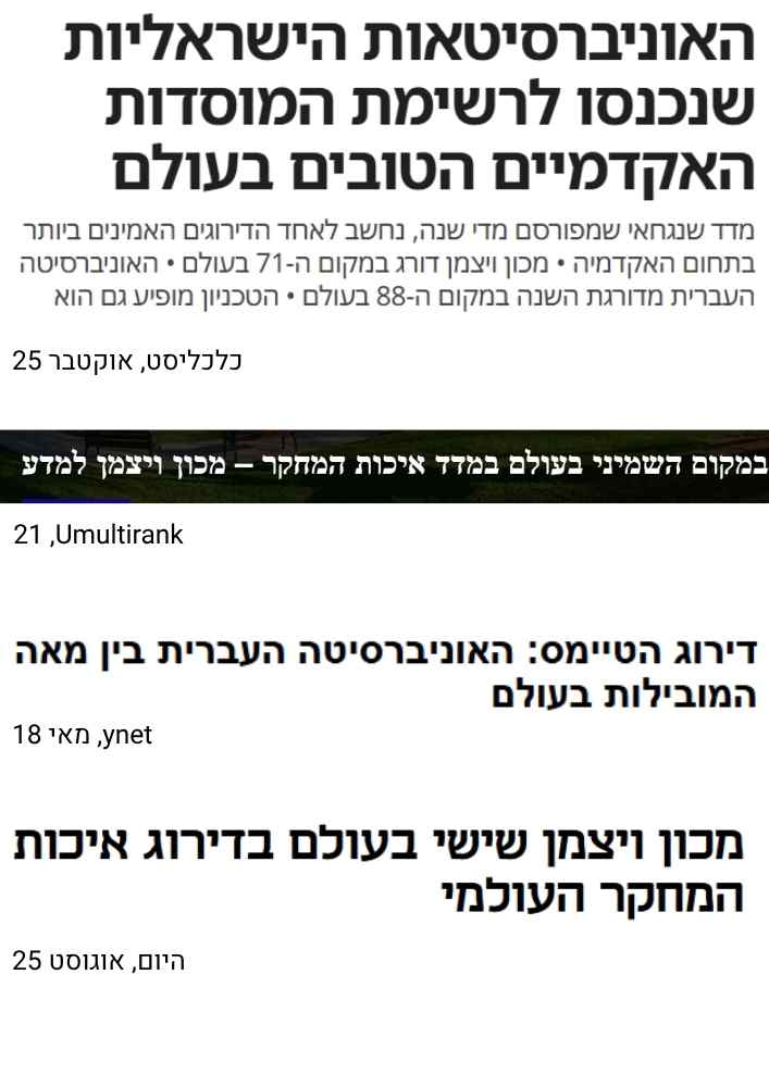 דירוגי האוניברסיטאות הישראליות – מכון ויצמן והאוניברסיטה העברית